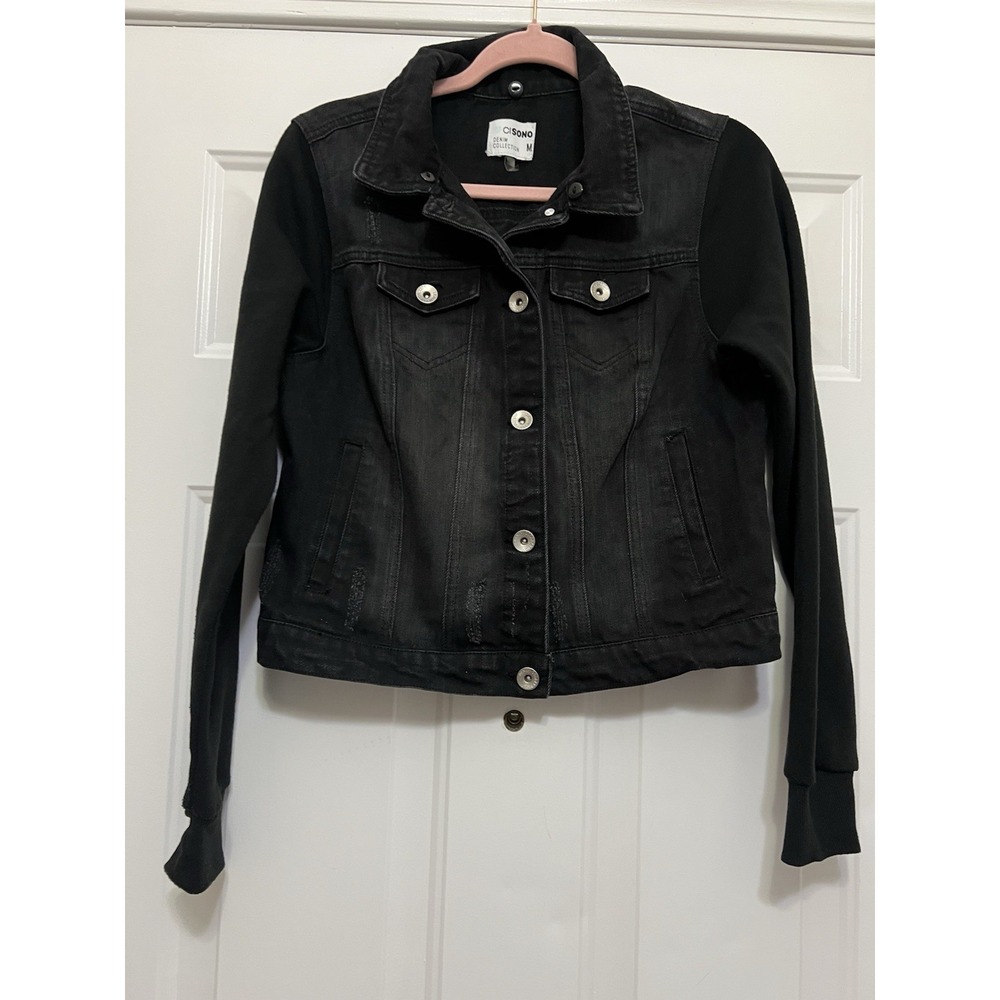 Cisono Moto Jacket Womens Medium Black‎ Button Multiple Pockets Crop Denim
